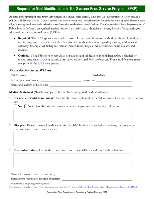 Request for Meal Modifications in the Summer Food Service Program (Sfsp) - Connecticut Download Pdf