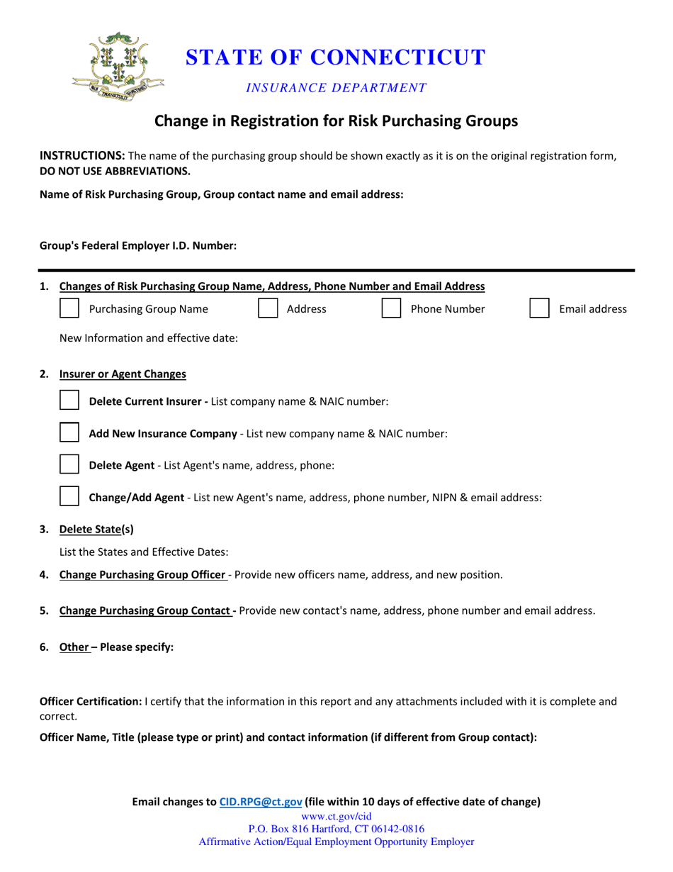 Change in Registration for Risk Purchasing Groups - Connecticut, Page 1