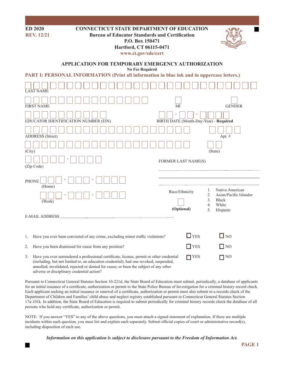 Form ED2020 Application for Temporary Emergency Authorization - Connecticut, Page 1