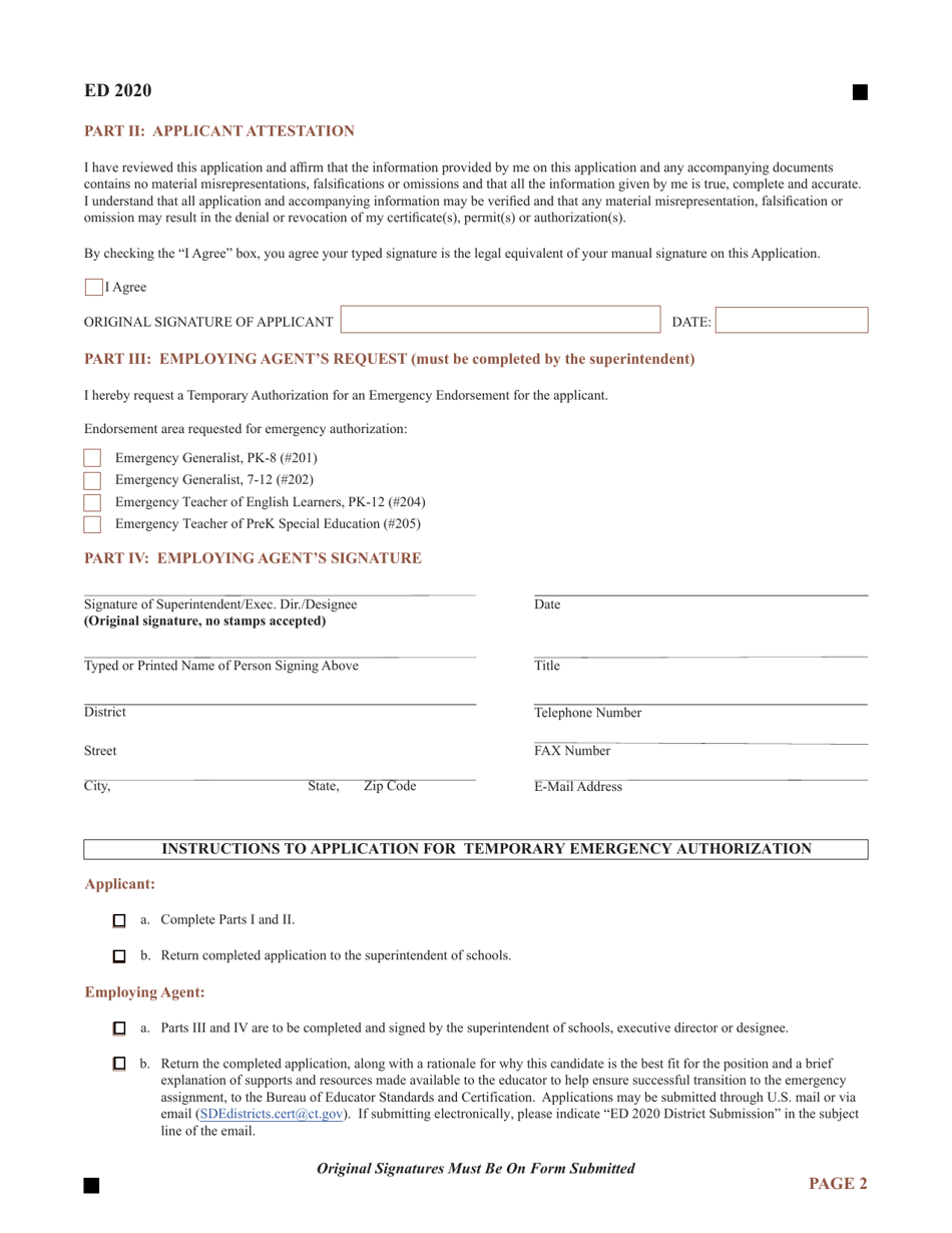 Form ED2020 Application for Temporary Emergency Authorization - Connecticut, Page 2