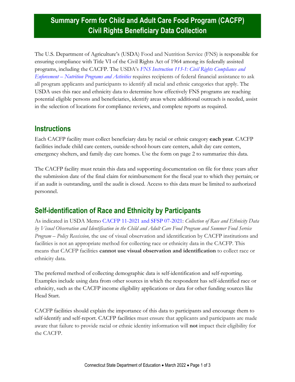 Summary Form for CACFP Civil Rights Beneficiary Data Collection - Connecticut, Page 1