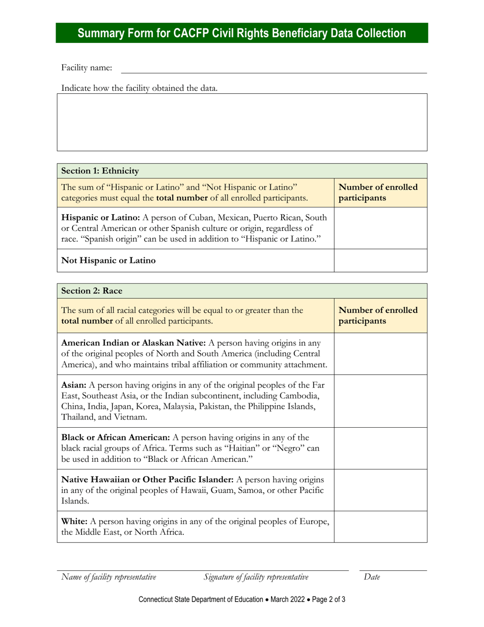 Summary Form for CACFP Civil Rights Beneficiary Data Collection - Connecticut, Page 2