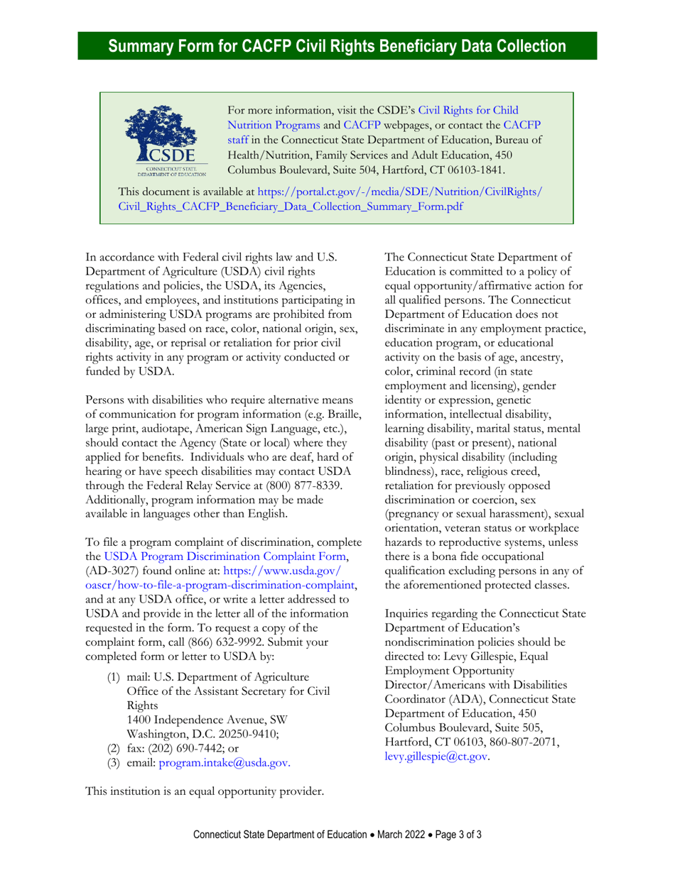 Summary Form for CACFP Civil Rights Beneficiary Data Collection - Connecticut, Page 3