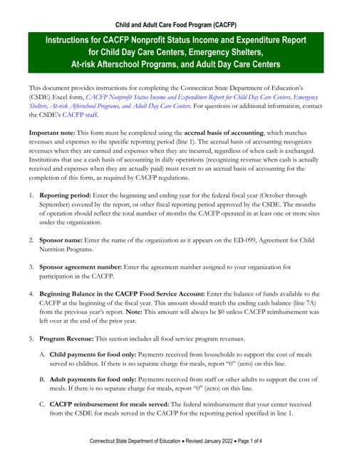 Instructions for CACFP Nonprofit Status Income and Expenditure Report for Child Day Care Centers, Emergency Shelters, at-Risk Afterschool Programs, and Adult Day Care Centers - Connecticut Download Pdf