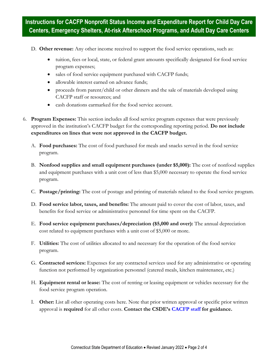 Instructions for CACFP Nonprofit Status Income and Expenditure Report for Child Day Care Centers, Emergency Shelters, at-Risk Afterschool Programs, and Adult Day Care Centers - Connecticut, Page 2