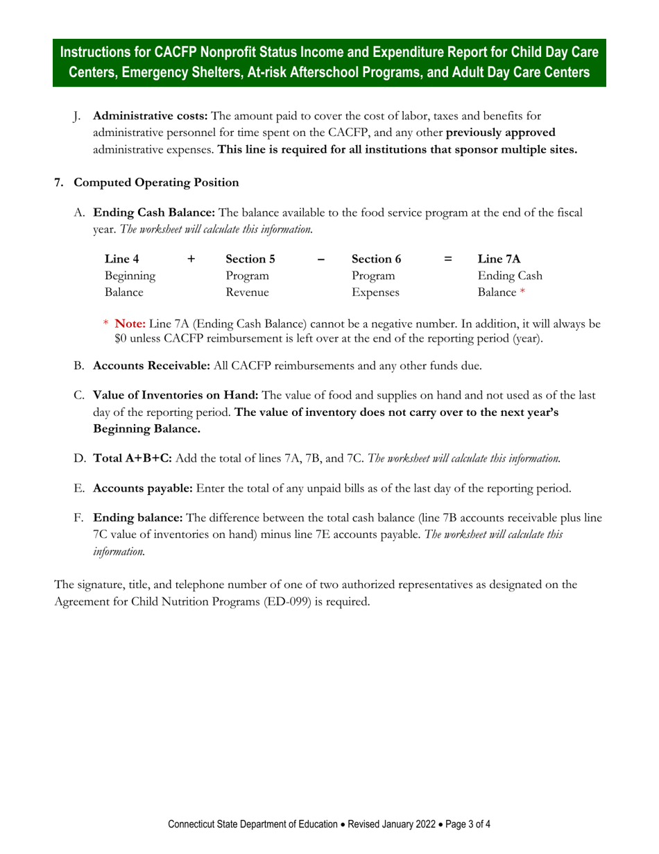 Instructions for CACFP Nonprofit Status Income and Expenditure Report for Child Day Care Centers, Emergency Shelters, at-Risk Afterschool Programs, and Adult Day Care Centers - Connecticut, Page 3