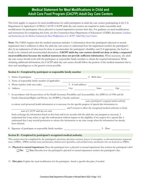 Medical Statement for Meal Modifications in Child and Adult Care Food Program (CACFP) Adult Day Care Centers - Connecticut Download Pdf