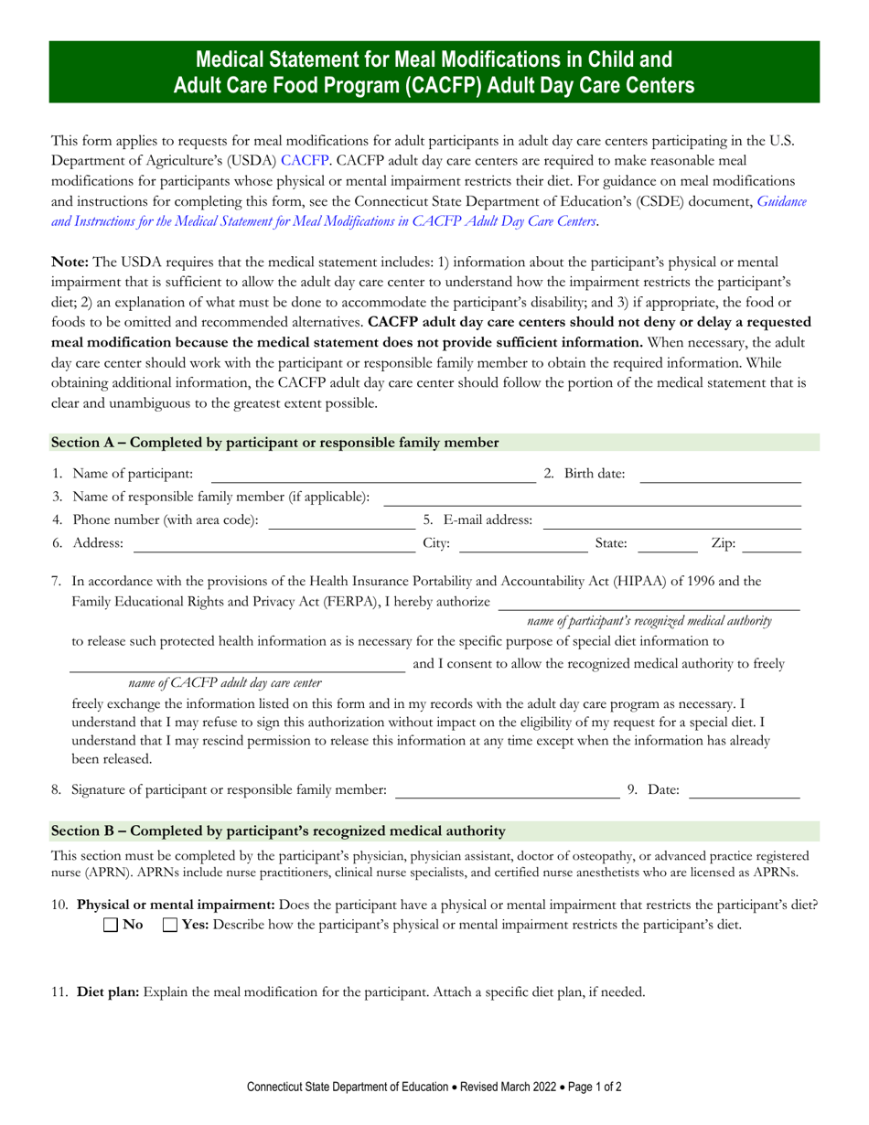 Medical Statement for Meal Modifications in Child and Adult Care Food Program (CACFP) Adult Day Care Centers - Connecticut, Page 1