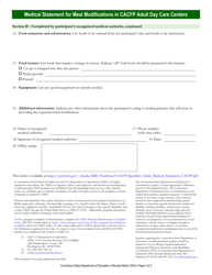 Medical Statement for Meal Modifications in Child and Adult Care Food Program (CACFP) Adult Day Care Centers - Connecticut, Page 2