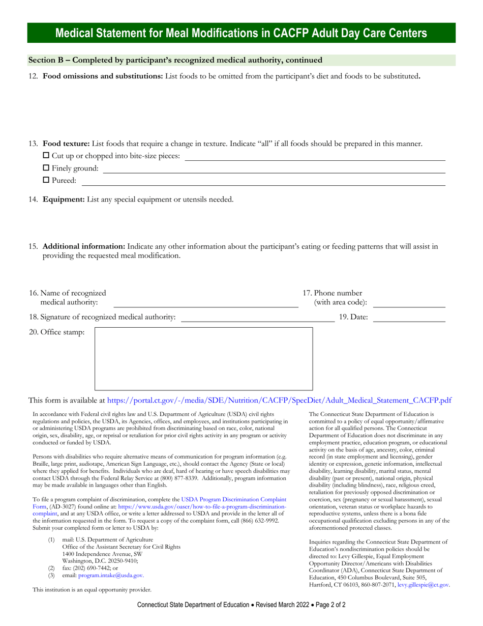 Medical Statement for Meal Modifications in Child and Adult Care Food Program (CACFP) Adult Day Care Centers - Connecticut, Page 2