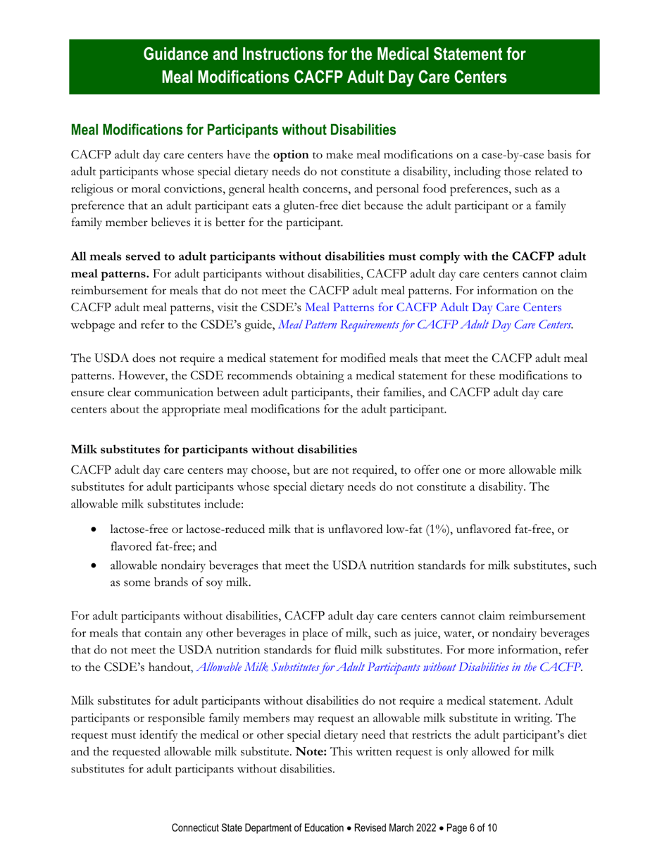 Instructions for Medical Statement for Meal Modifications in Child and Adult Care Food Program (CACFP) Adult Day Care Centers - Connecticut, Page 6