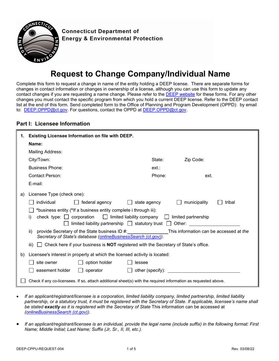 Form DEEP-CPPU-REQUEST-004 Request to Change Company / Individual Name - Connecticut, Page 1
