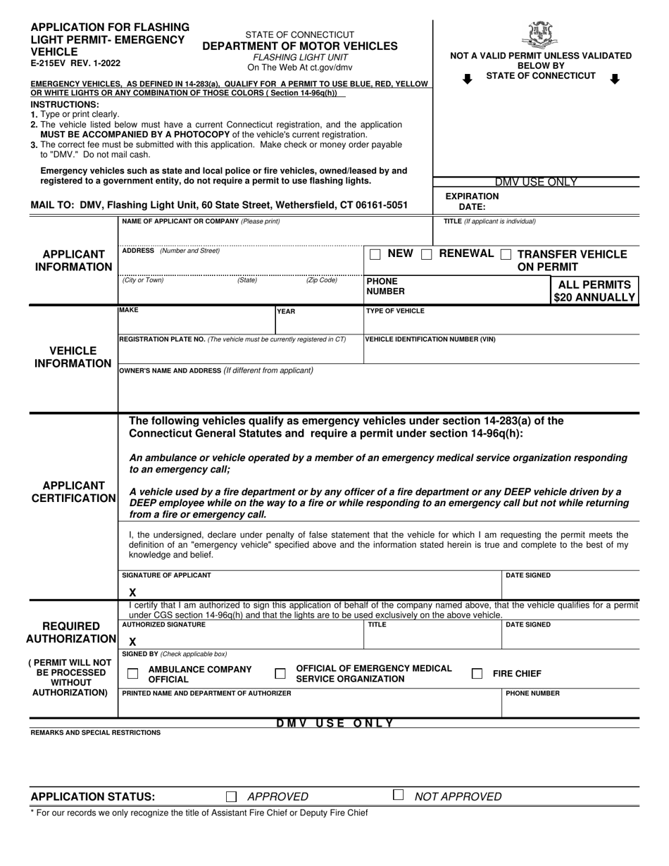 Form E-215EV Application for Flashing Light Permit - Emergency Vehicle - Connecticut, Page 1