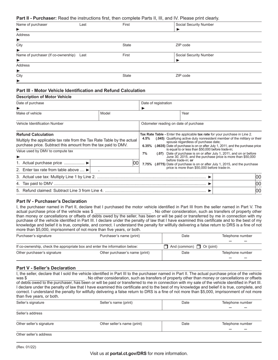 Form CERT-106 Claim for Refund of Use Tax Paid on Motor Vehicle Purchased From Other Than a Motor Vehicle Dealer - Connecticut, Page 2
