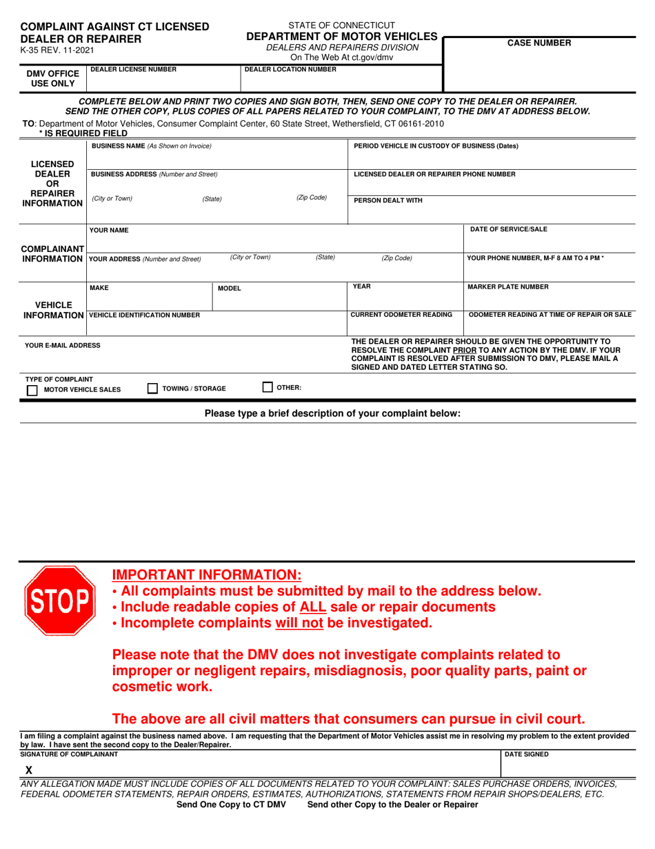 Form K-35 Complaint Against Ct Licensed Dealer or Repairer - Connecticut, Page 1