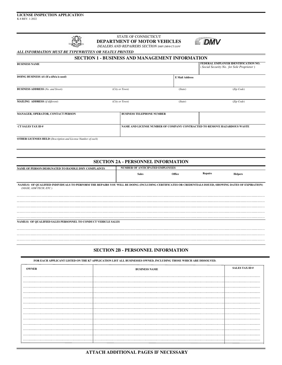 Form K-8 License Inspection Application - Connecticut, Page 1
