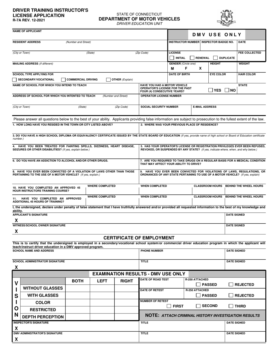 Form R-7A Driver Training Instructors License Application - Connecticut, Page 1