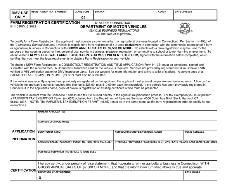 Form E-110 Farm Registration Certification - Connecticut