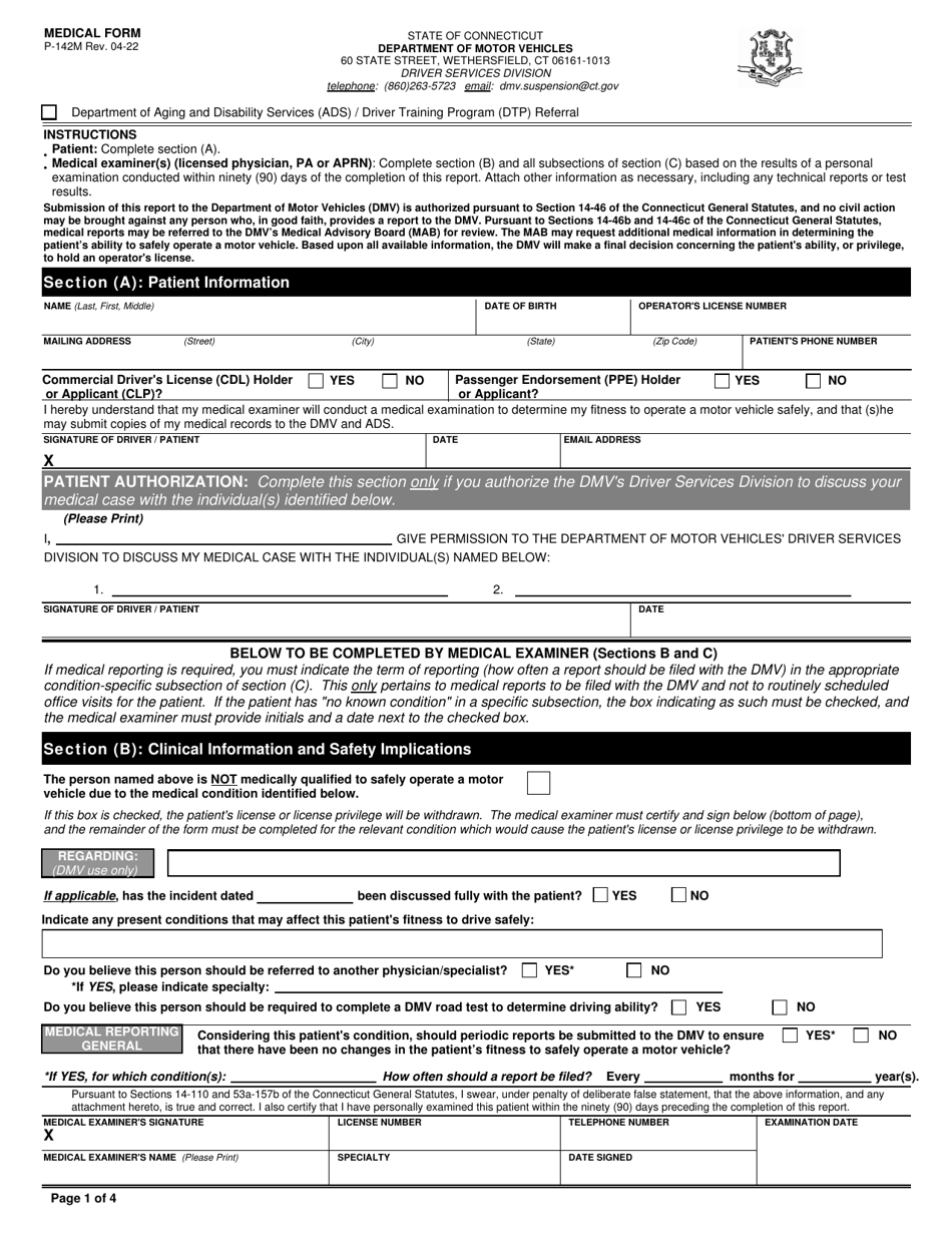 Form P-142M Medical Form - Connecticut, Page 1