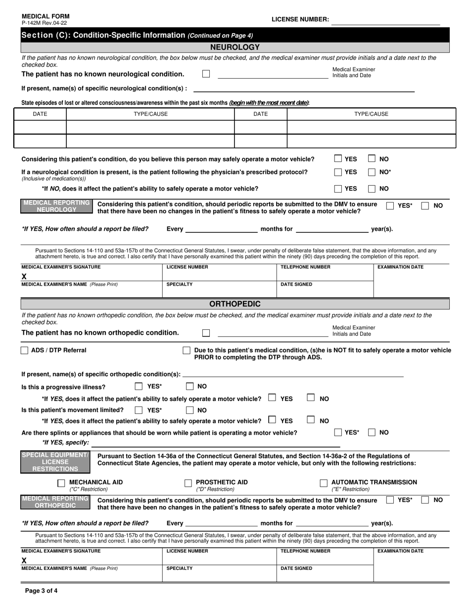 Form P-142M Medical Form - Connecticut, Page 3