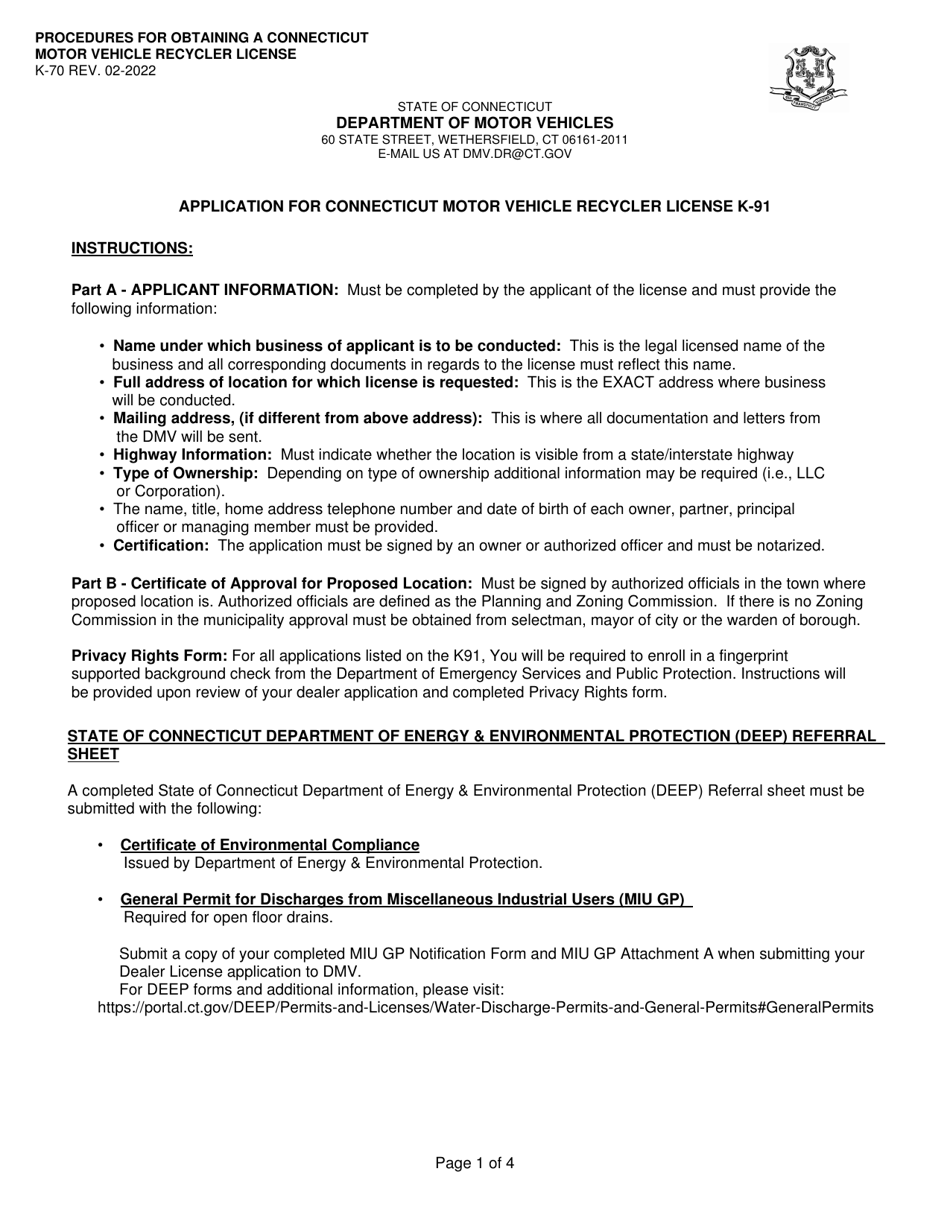 Instructions for Form K-91 Application for Connecticut Motor Vehicle Recycler License - Connecticut, Page 1