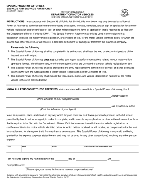 Form A-90 Special Power of Attorney - Salvage and Salvage Parts Only - Connecticut