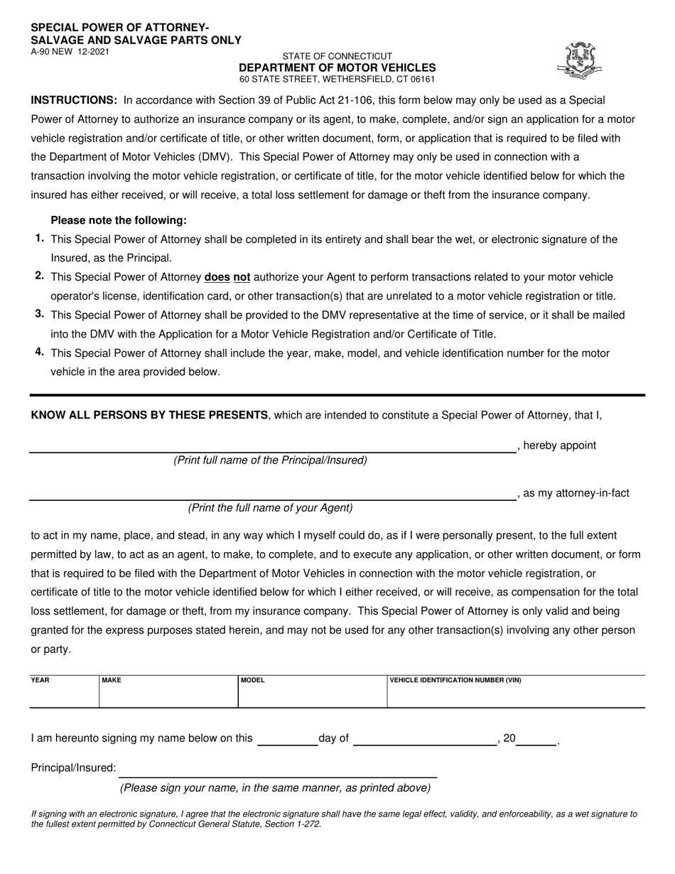 Form A-90 Special Power of Attorney - Salvage and Salvage Parts Only - Connecticut, Page 1