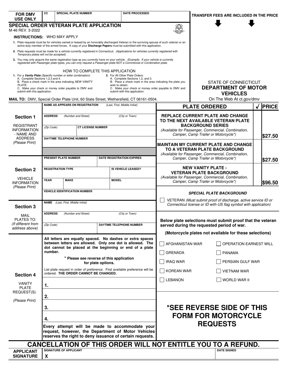 Form M-46 Special Order Veteran Plate Application - Connecticut, Page 1