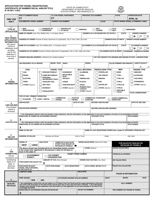 Form B-148 Application for Vessel Registration, Certificate of Number Decal and/or Title - Connecticut