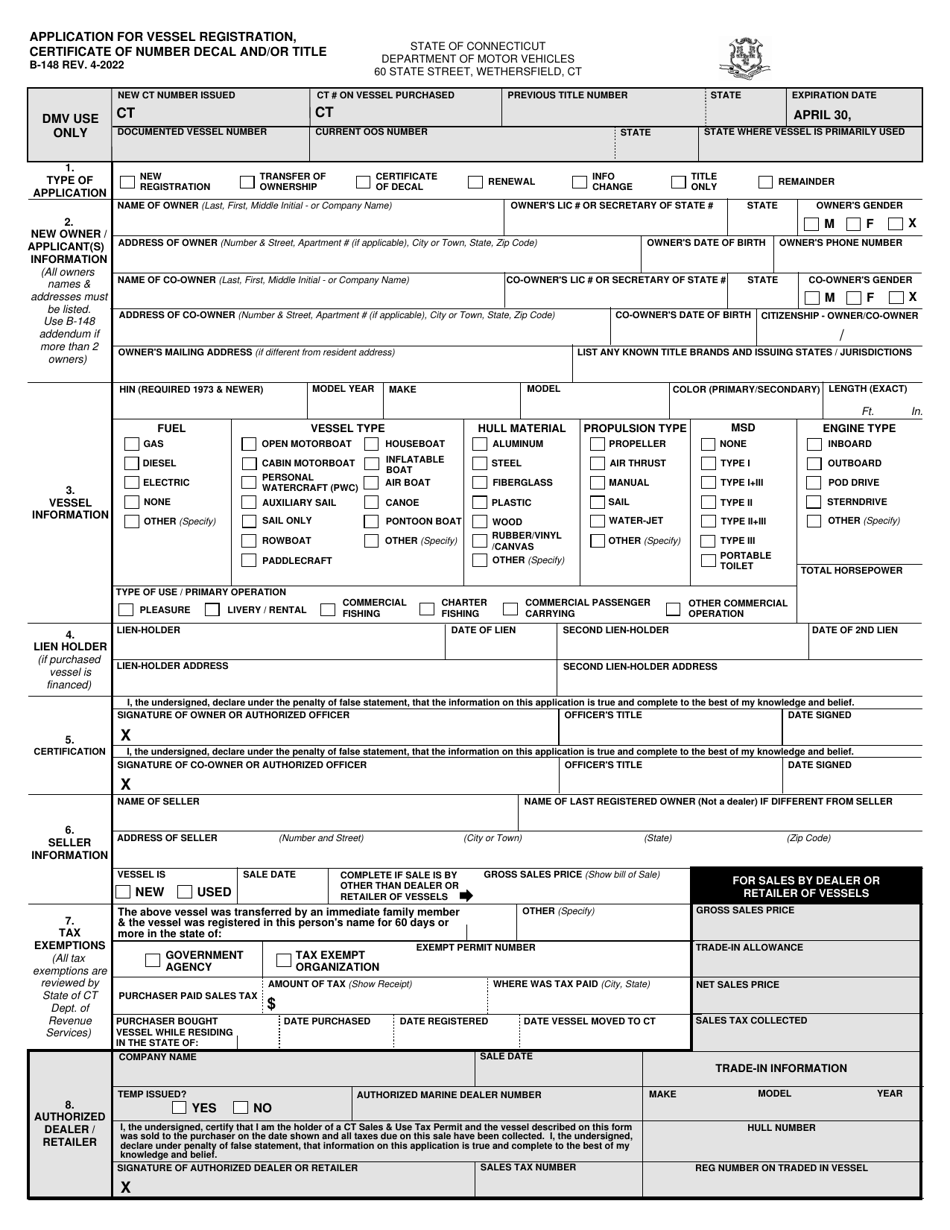 Form B-148 Application for Vessel Registration, Certificate of Number Decal and / or Title - Connecticut, Page 1