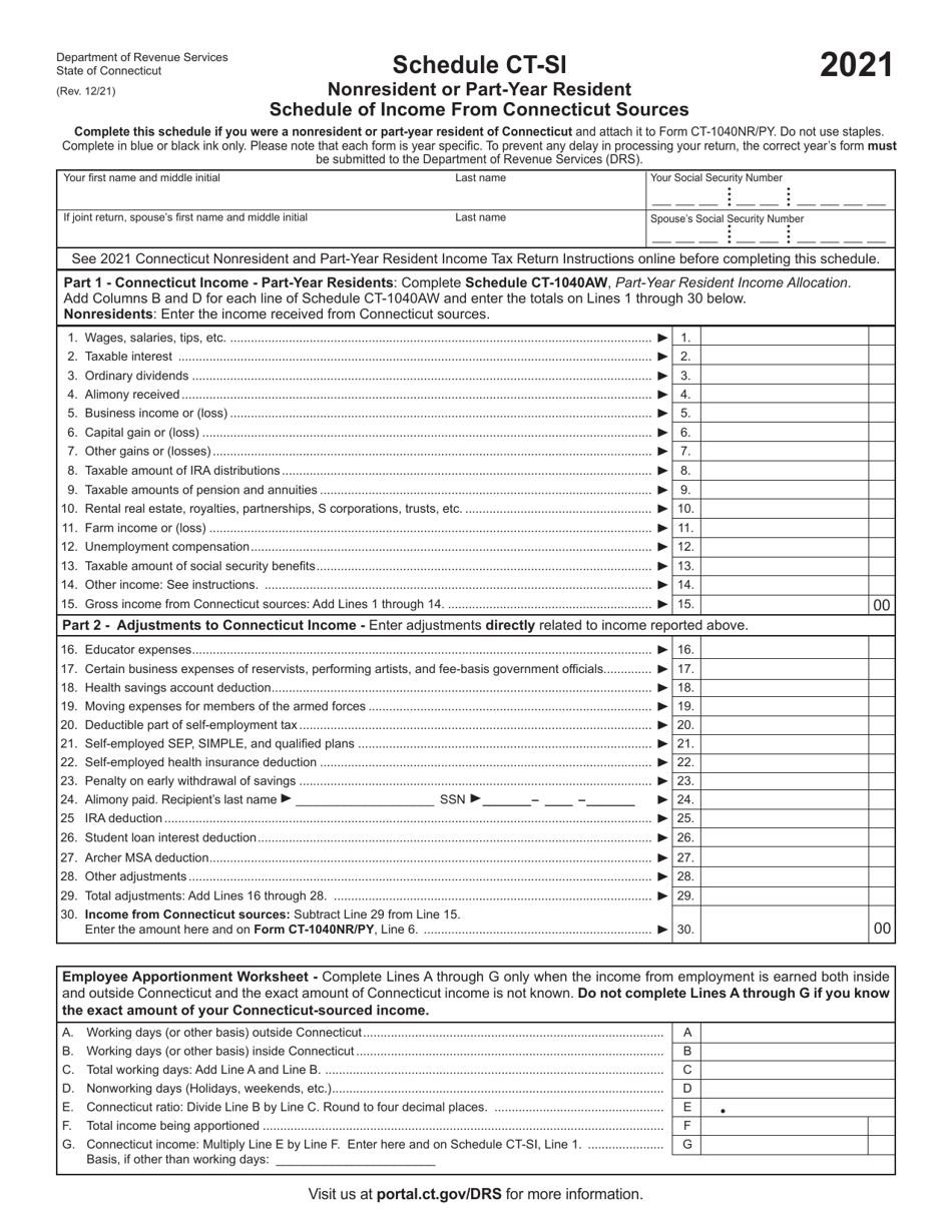 Schedule CT-SI Nonresident or Part-Year Resident Schedule of Income From Connecticut Sources - Connecticut, Page 1