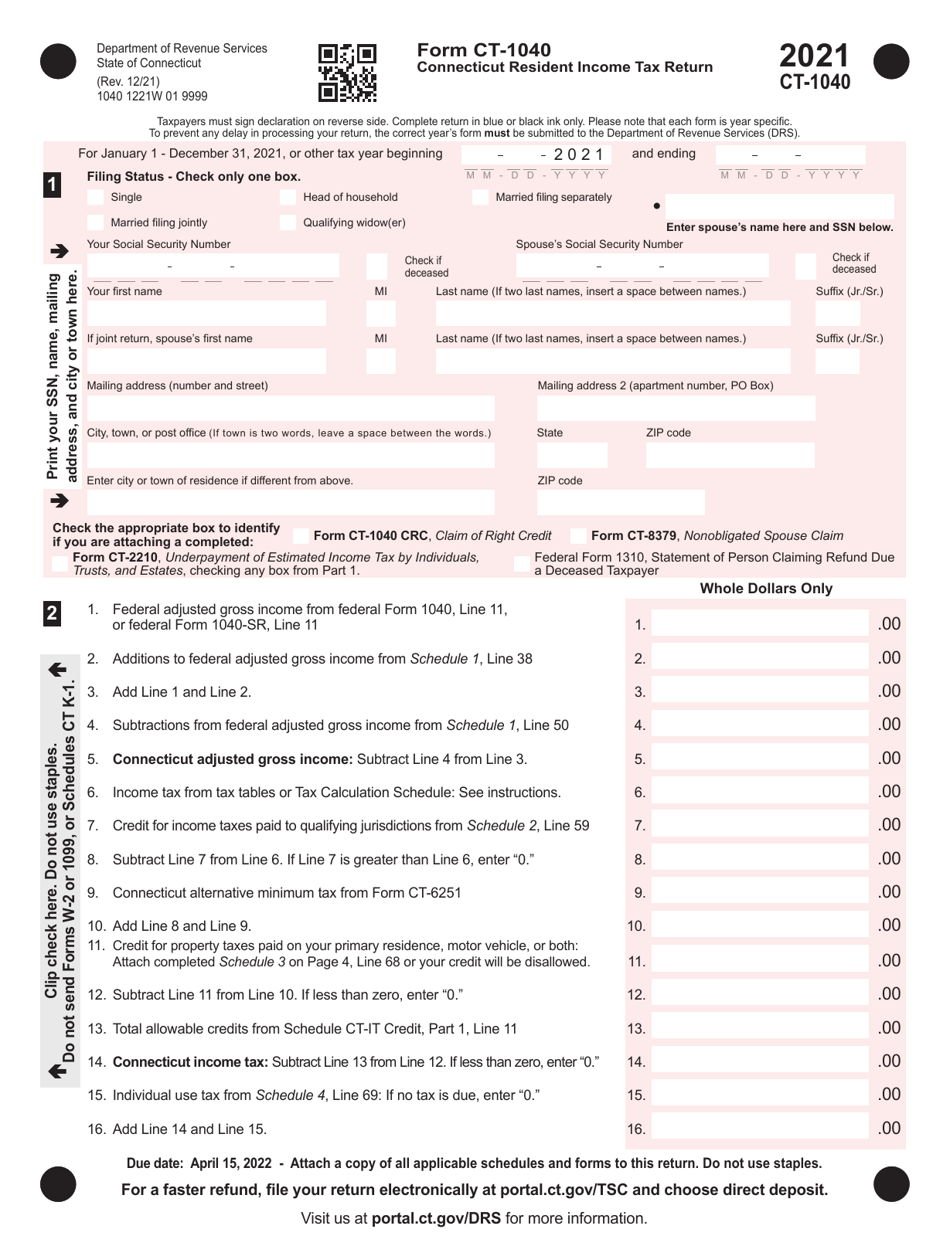 Form CT-1040 Connecticut Resident Income Tax Return - Connecticut, Page 1