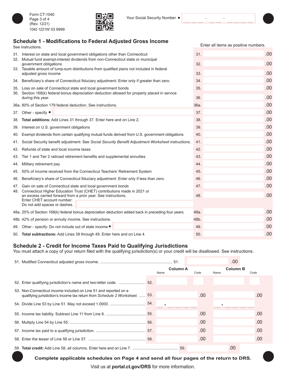 Form CT-1040 Connecticut Resident Income Tax Return - Connecticut, Page 3