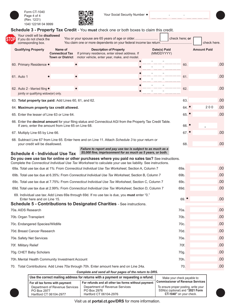 Form CT-1040 Connecticut Resident Income Tax Return - Connecticut, Page 4
