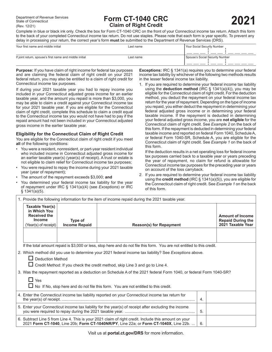 Form CT-1040 CRC Claim of Right Credit - Connecticut, Page 1