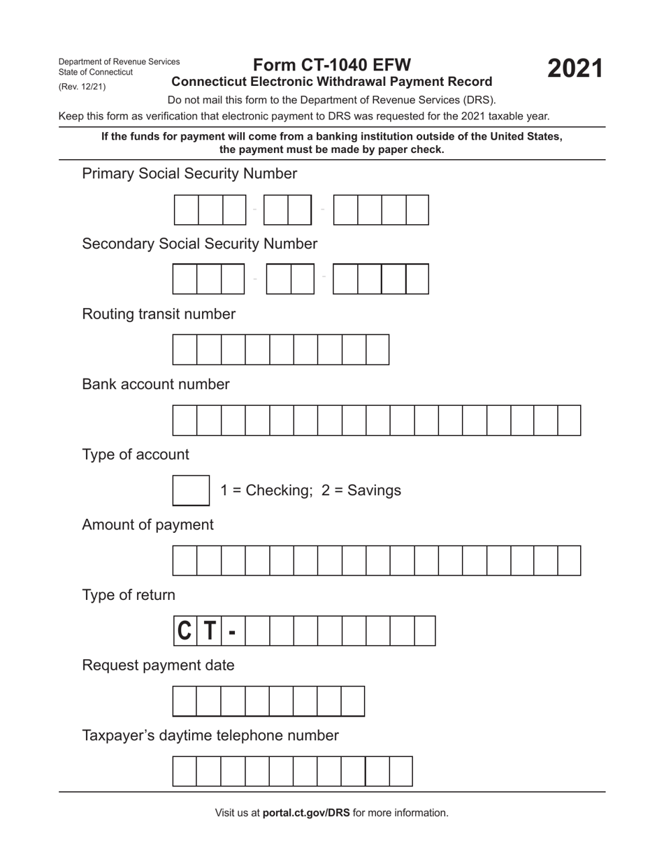 Form CT-1040 EFW Connecticut Electronic Withdrawal Payment Record - Connecticut, Page 1