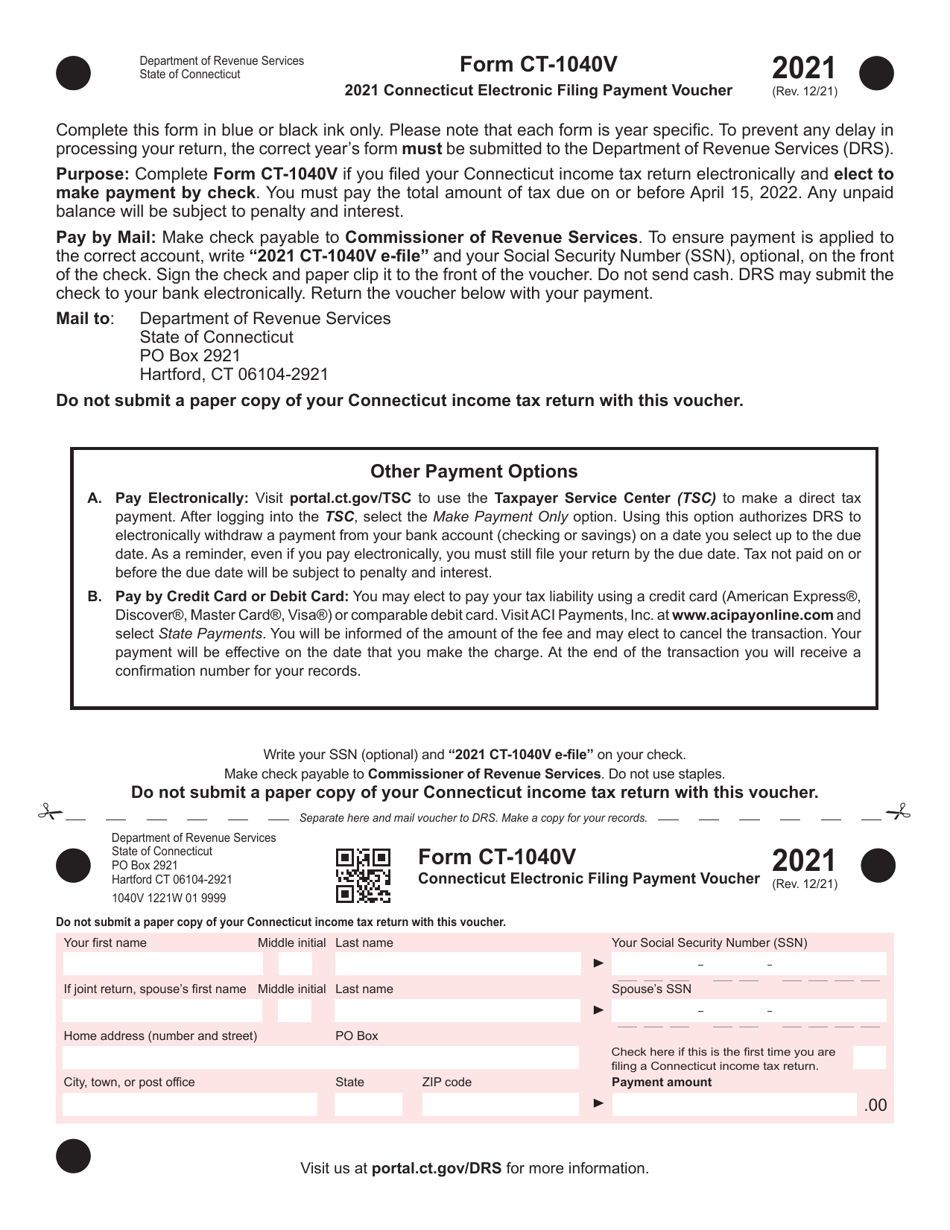 Form CT-1040V Connecticut Electronic Filing Payment Voucher - Connecticut, Page 1