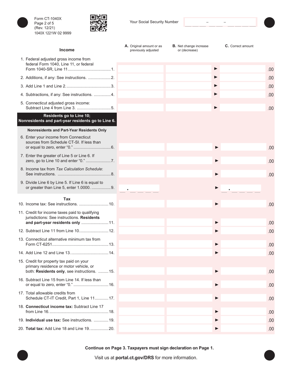 Form CT-1040X Amended Connecticut Income Tax Return for Individuals - Connecticut, Page 2