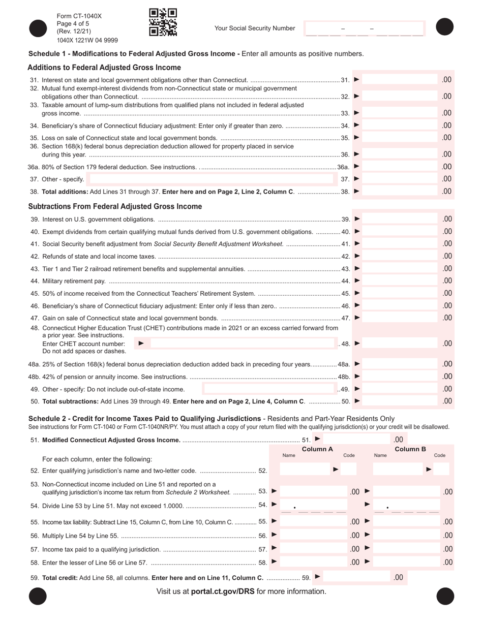 Form CT-1040X Amended Connecticut Income Tax Return for Individuals - Connecticut, Page 4