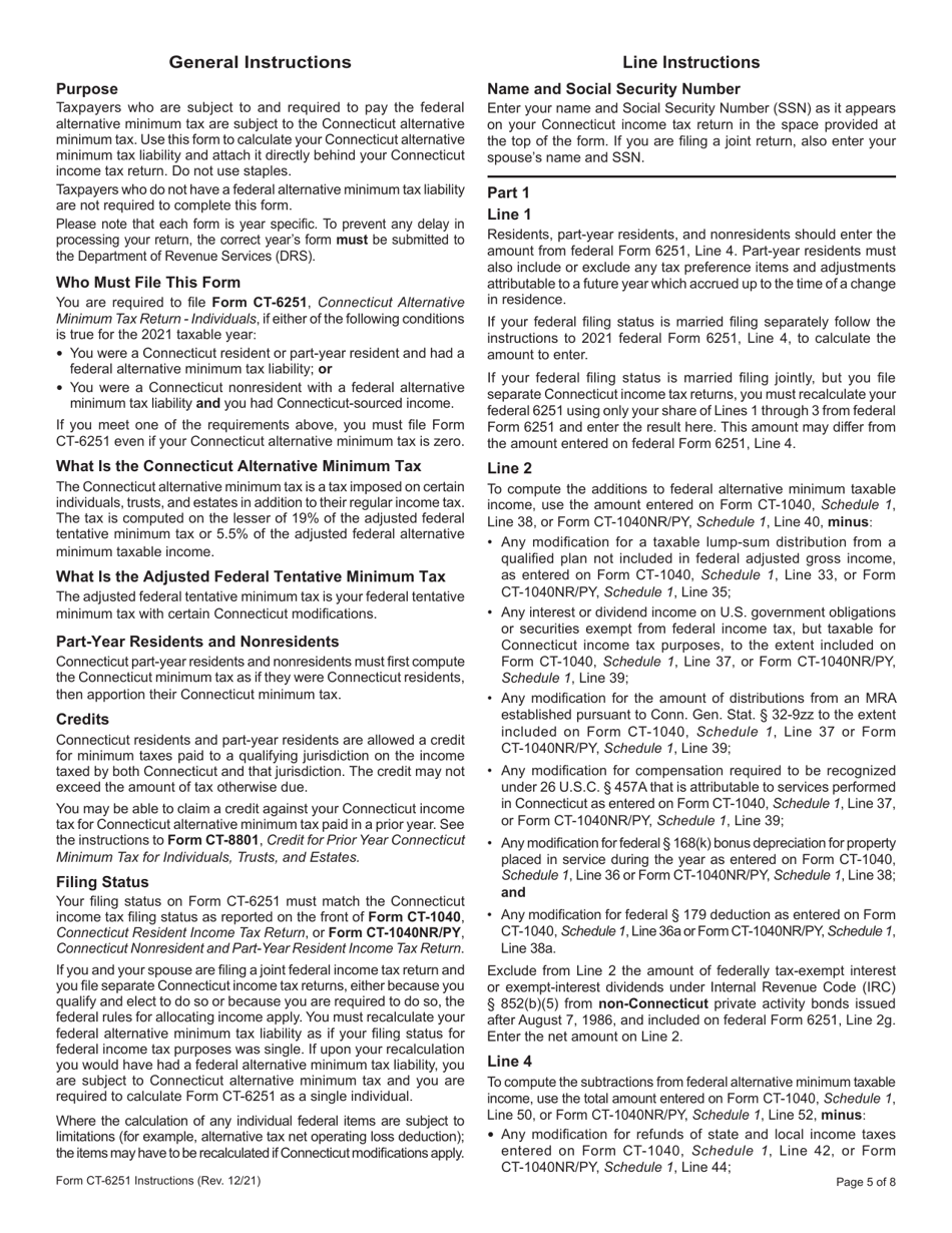 Form CT-6251 Connecticut Alternative Minimum Tax Return - Individuals - Connecticut, Page 5