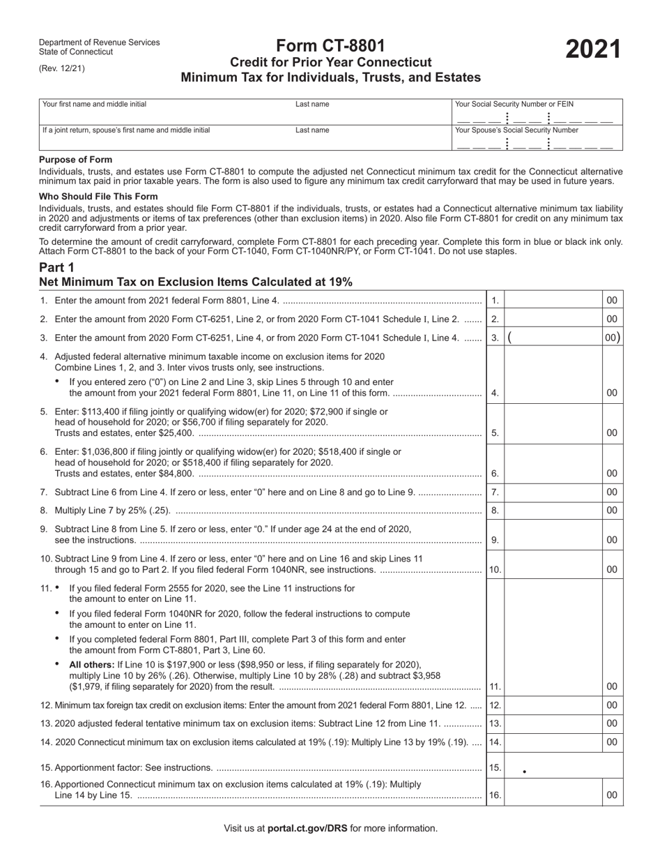 Form CT-8801 Credit for Prior Year Connecticut Minimum Tax for Individuals, Trusts, and Estates - Connecticut, Page 1
