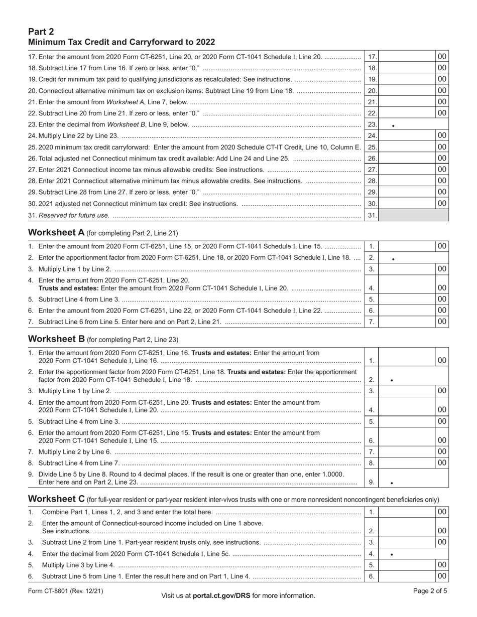 Form CT-8801 Credit for Prior Year Connecticut Minimum Tax for Individuals, Trusts, and Estates - Connecticut, Page 2