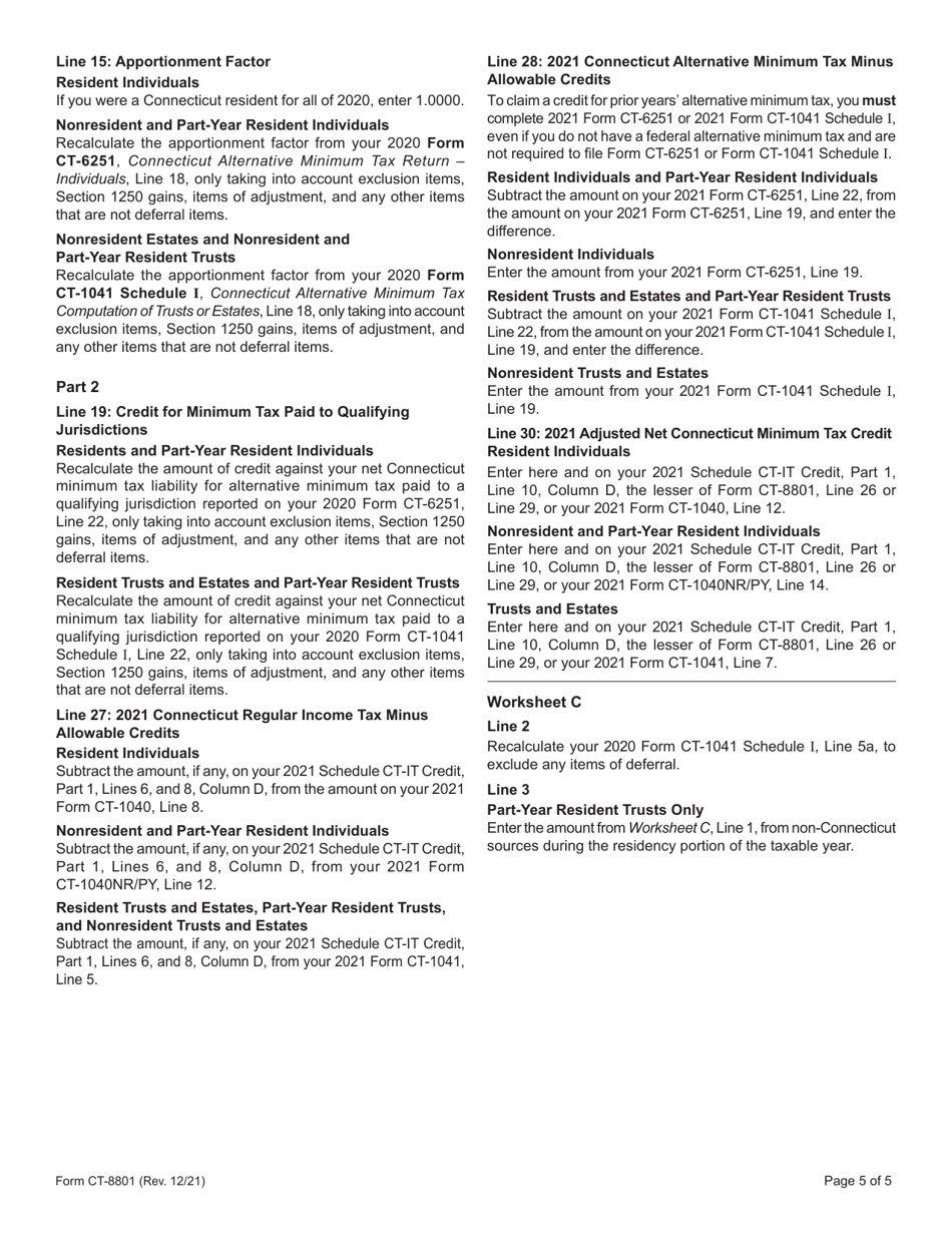 Form CT-8801 Credit for Prior Year Connecticut Minimum Tax for Individuals, Trusts, and Estates - Connecticut, Page 5