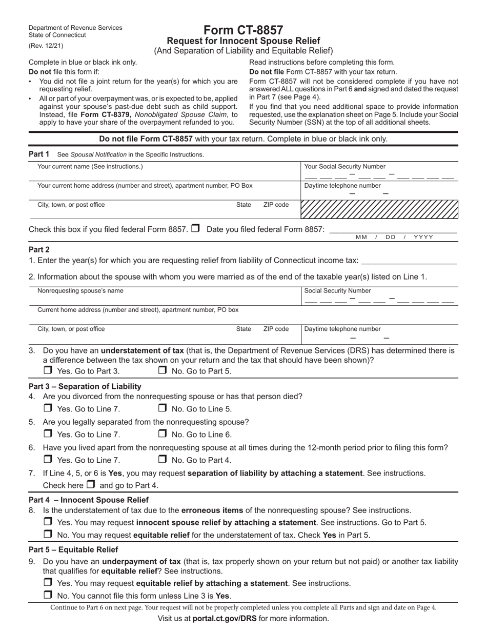 Form CT-8857 Request for Innocent Spouse Relief (And Separation of Liability and Equitable Relief) - Connecticut, Page 1