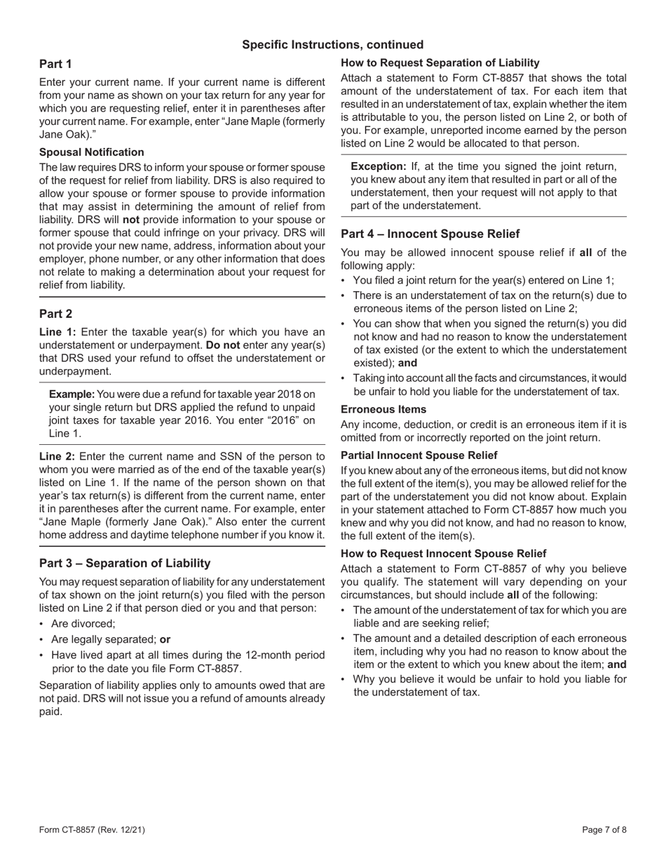 Form CT-8857 Request for Innocent Spouse Relief (And Separation of Liability and Equitable Relief) - Connecticut, Page 7