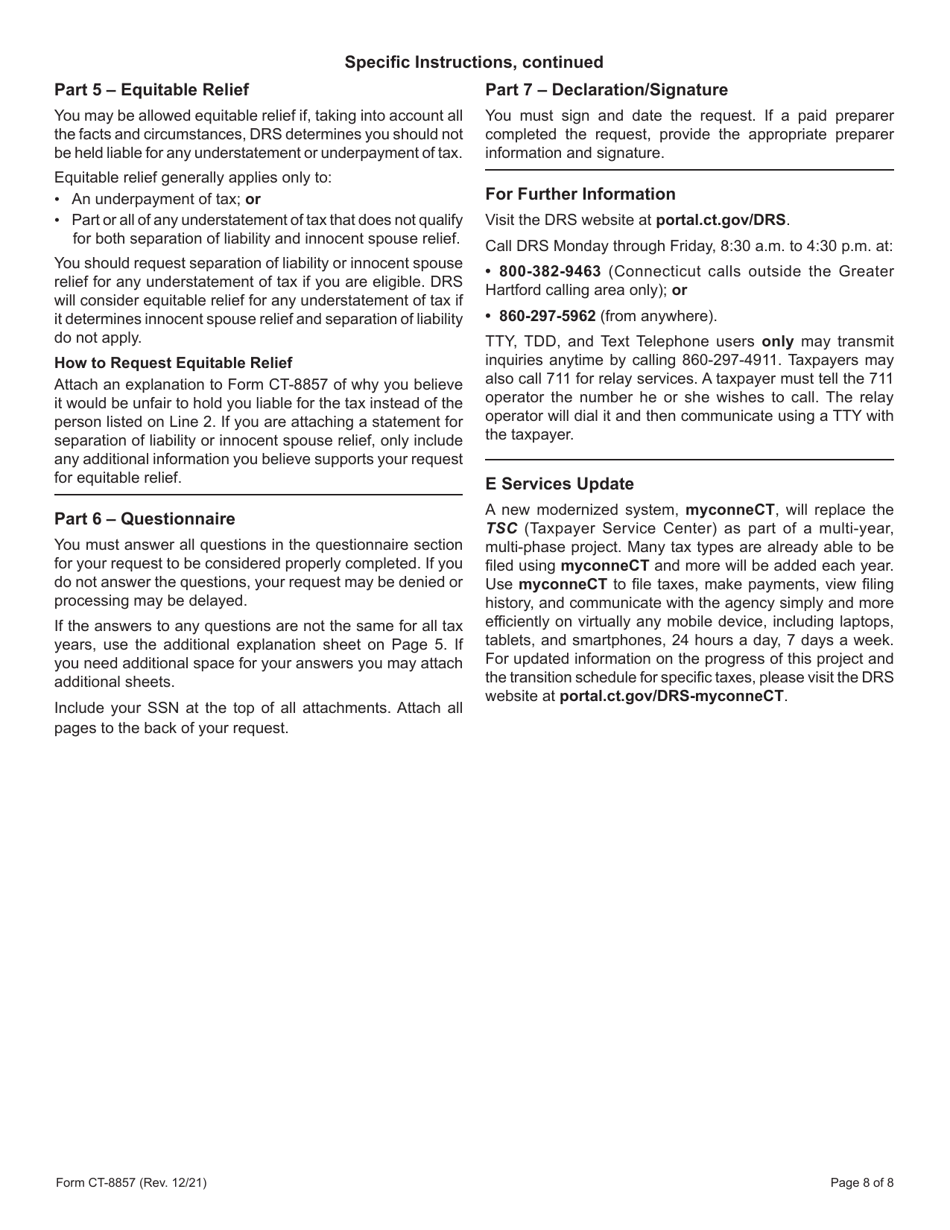 Form CT-8857 Request for Innocent Spouse Relief (And Separation of Liability and Equitable Relief) - Connecticut, Page 8
