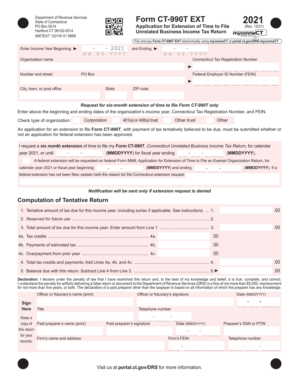 Form CT-990T EXT Application for Extension of Time to File Unrelated Business Income Tax Return - Connecticut, Page 1