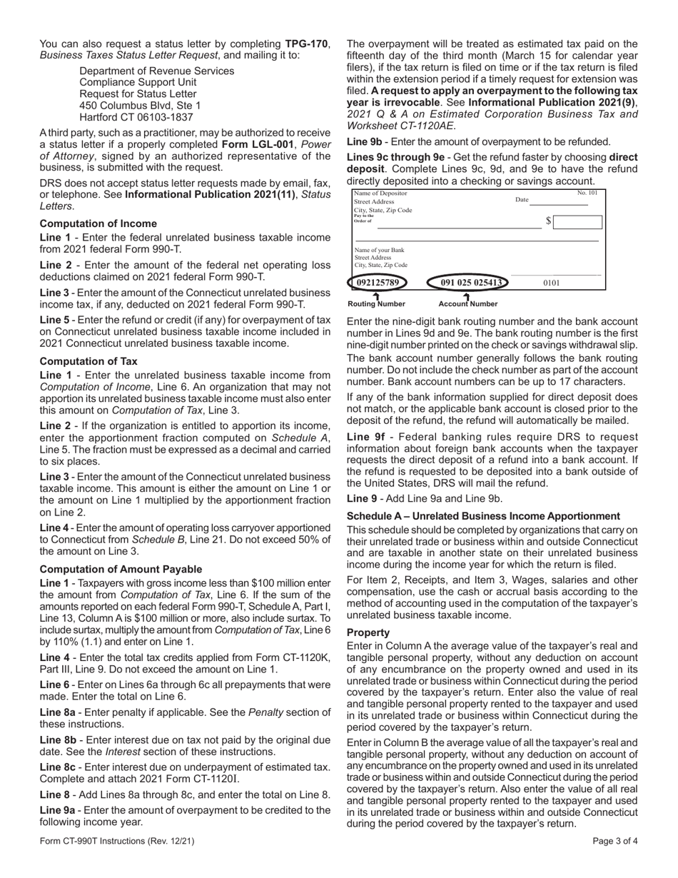 Instructions for Form CT-990T Connecticut Unrelated Business Income Tax Return - Connecticut, Page 3