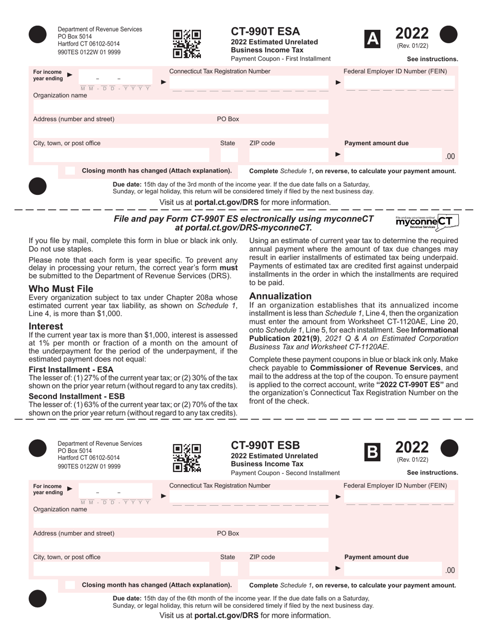 Form CT-990T ESA Estimated Unrelated Business Income Tax - Connecticut, Page 1