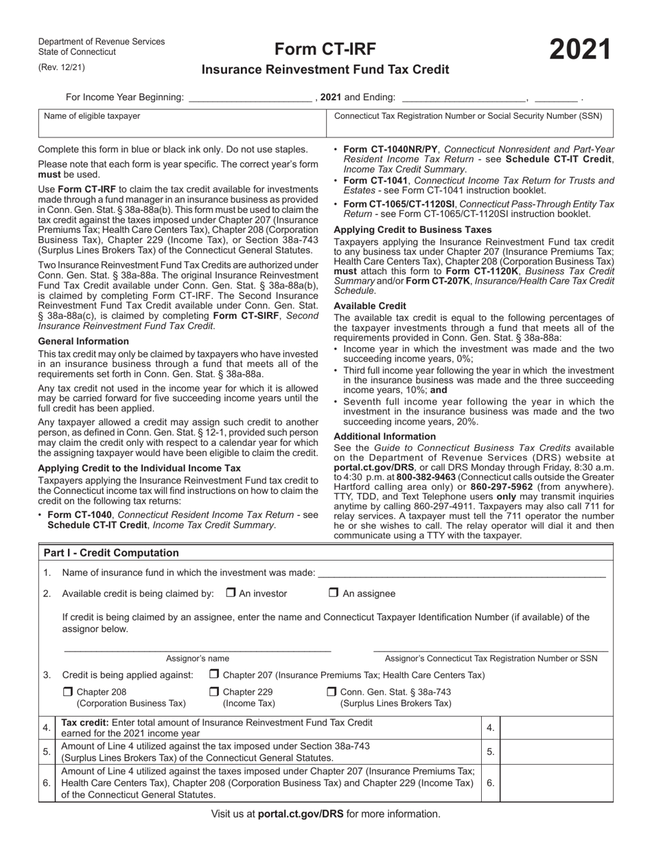 Form CT-IRF Insurance Reinvestment Fund Tax Credit - Connecticut, Page 1